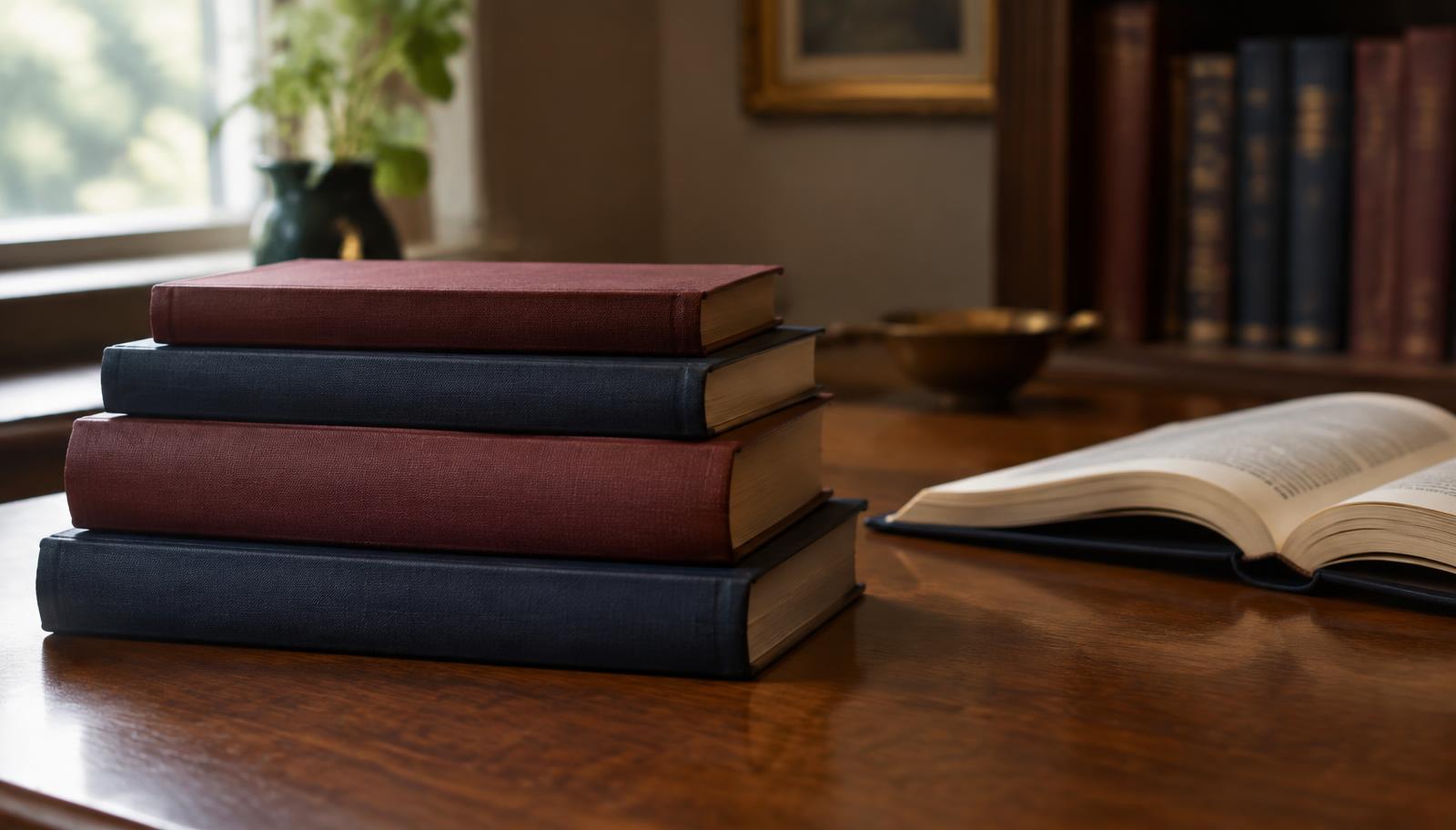 Hardcover books on a wooden desk in a warm reading room