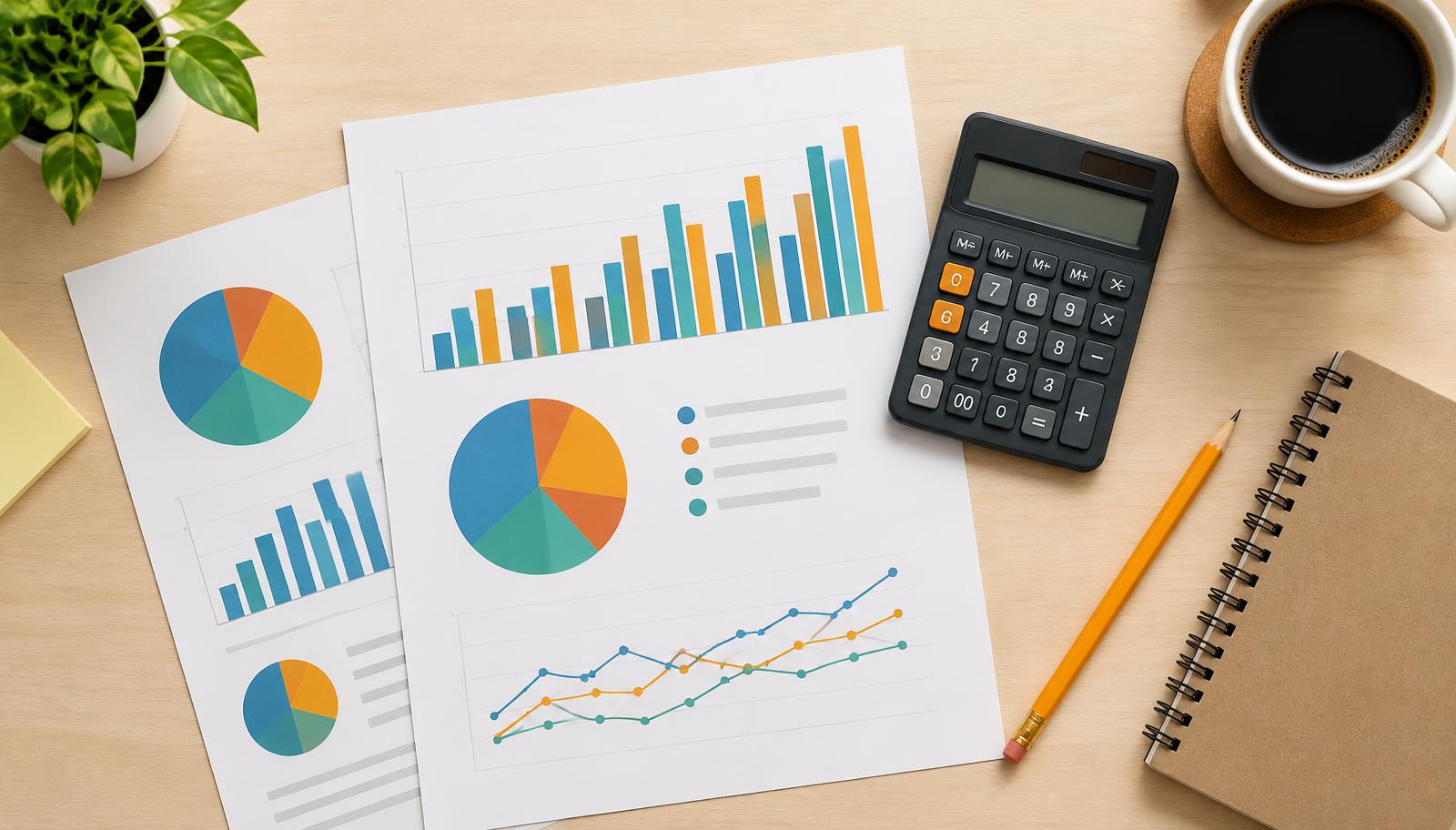 Marketing budget charts, calculator and coffee on a desk